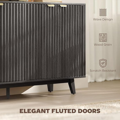 HOMCOM Fluted Sideboard Buffet Cabinet, 55" Modern Accent Console Cabinet with 4 Doors, 2 Adjustable Shelves and 5 Wood Legs, Dark Gray