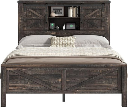 AMERLIFE Farmhouse Full Bed Frame with Storage Headboard & Charging Station, Rustic Wood Platform Bed with Barn Door Bookcase, No Box Spring Needed, Dark Oak Bedroom Furniture