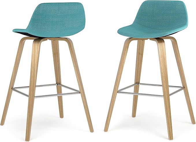 SIMPLIHOME Randolph Counter Stools (Set of 2) - 28 Inch Seat Height Upholstered Bentwood Kitchen Seats in Aqua Blue Polyester Linen Fabric, Mid Century Seating with Curved Backrest and Footrest