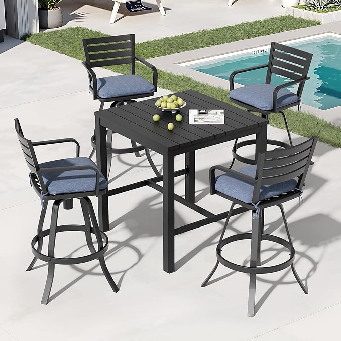 Pellebant Outdoor Bar Stools Set of 4 with Sunbrella Cushion, 29.5" Aluminum Swivel Bar Height Stool Chairs with Back & Footrest, Rust-Proof Patio Bartools for Deck Lawn Garden, Spectrum Denim