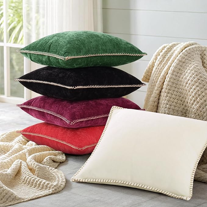 decorUhome Christmas Chenille Soft Throw Pillow Covers 16x16 Set of 2, Farmhouse Velvet Neutral Decorative Euro Pillow Covers with Stitched Edge for Couch Sofa Bed Home Decor, Green