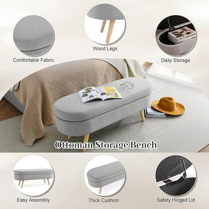 Storage Ottoman Bench 43" Storage Bench for Bedroom, Upholstered Soft Boucle Fabric End of Bed with Safety Hinge Solid Wood Legs Foot Stool Benches for Hallway,Closet,Oval, Entryway, Grey