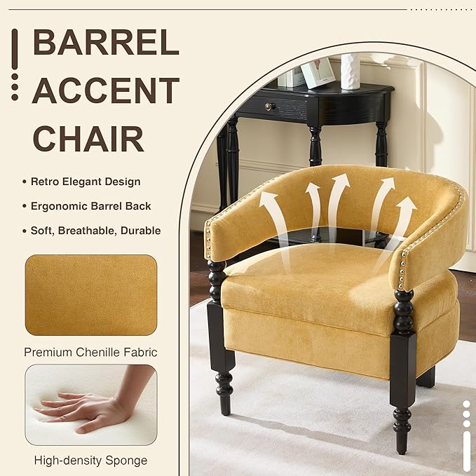 LOULENS Barrel Accent Chair, Vintage Chenille Upholstered Lounge Chair with Solid Wood Legs, Comfy Leisure Side Armchair for Living Room, Bedroom, Reading Nook, Corner, Yellow