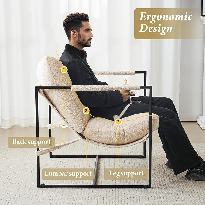 Furnilivng Large Sling Accent Chair, Comfortable Boucle Fabric Arm Chair, Upholstered Cozy Reading Chair for Living Room, Bedroom, Dressing Room, Home Office, White