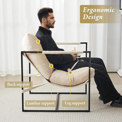 Furnilivng Large Sling Accent Chair, Comfortable Boucle Fabric Arm Chair, Upholstered Cozy Reading Chair for Living Room, Bedroom, Dressing Room, Home Office, White