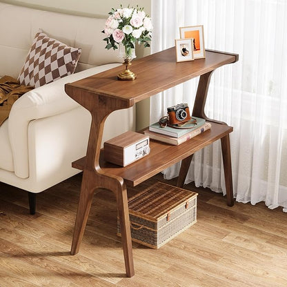 Tribesigns Set of 2 Wood End Table, Farmhouse Narrow Side Table with Storage Shelves, 2-Tier Slim Couch Side Table for Living Room, Long Bedside Table for Bedroom, Small Spaces, Rustic Brown