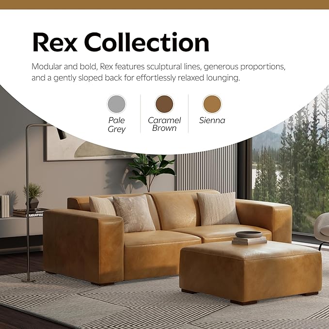 SIMPLIHOME Rex Ottoman in Full-Grain Genuine Leather, Sienna, 34-inches Wide, Modern-Style Table Ottoman or Footrest, Assembled, for Living Room and Family Room