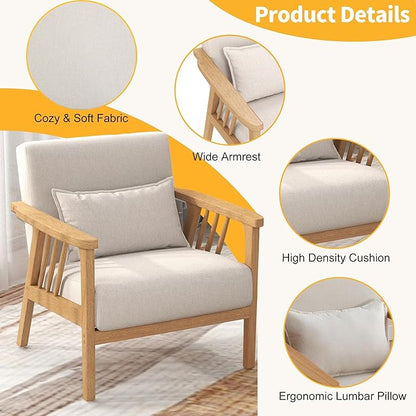 Mid-Century Modern Accent Chair, Linen Armchair and Lounge Chair with Lumbar Pillow, Wide Seat & Solid Wood Frame for Living Room, Bedroom or Balcony（Beige）