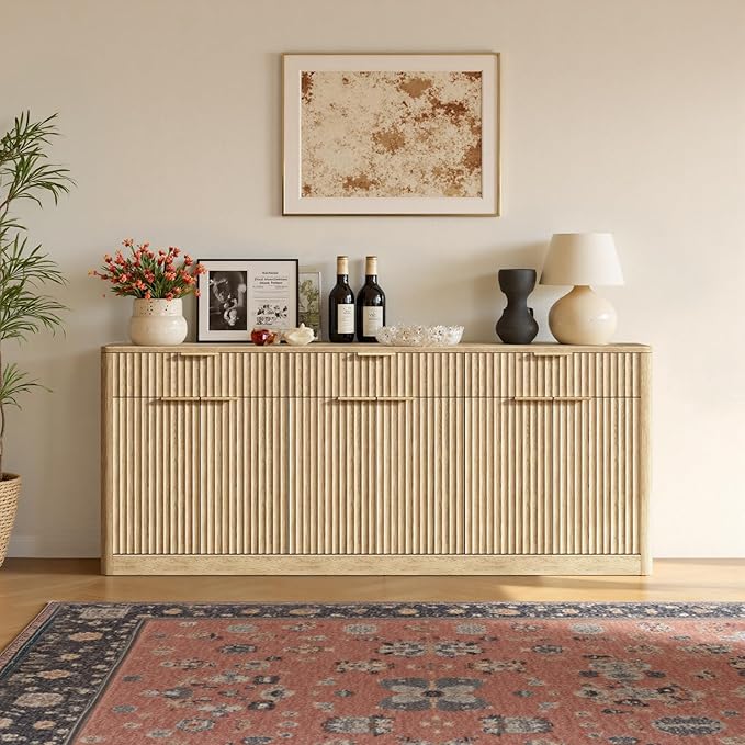 Evermagin 67" Fluted Oak Sideboard Buffet Cabinet with 3 Drawers, Modern Credenza with Storage, Console Coffee Bar Cabinet for Kitchen, Living Room and Entryway (67" W x 31.5" H x 15.7" D)