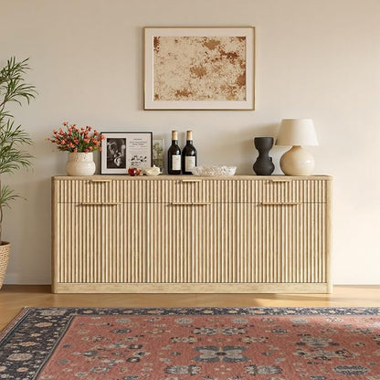 Evermagin 67" Fluted Oak Sideboard Buffet Cabinet with 3 Drawers, Modern Credenza with Storage, Console Coffee Bar Cabinet for Kitchen, Living Room and Entryway (67" W x 31.5" H x 15.7" D)