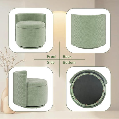 360° Swivel Accent Chair with Storage, Vanity Stool with Back, Velvet Storage Ottoman, Upholstered Round Barrel Vanity Chair for Living Room, Makeup Room, Bedroom (Green)