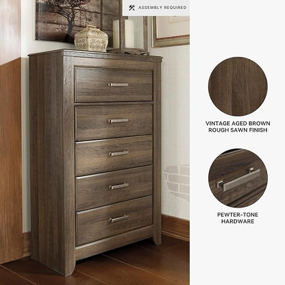 Signature Design by Ashley Juararo Rustic 5 Drawer Chest of Drawers, Aged Dark Brown