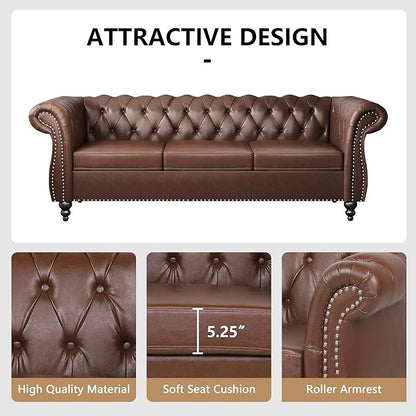 2 Piece Living Room Sofa Set, 3 Seater Faux Leather Sofa Couch and Chair Set, Mid Century Modern Upholstered Couch with Cushions, Vintage Comfy Tufted Chesterfield Couches for Bedroom, Office (Brown)