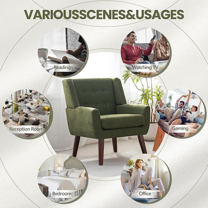 HUIMO Living Room Accent Chair Set of 2, Upholstered Button Tufted Armchair with Wooden Legs, Fabric Sofa Chairs for Bedroom, Living Room, Mid-Century Modern Comfy Reading Chair 2 PCS Green