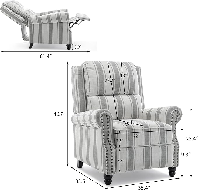 Pushback Recliner Chairs Set of 2, Comfy Fabric Wingback Recliner Chair, Upholstered Armchair Push Back Recliner with Wood Legs, Rivet Trim Accent Chair for Living Room, Bedroom, Gray Stripe