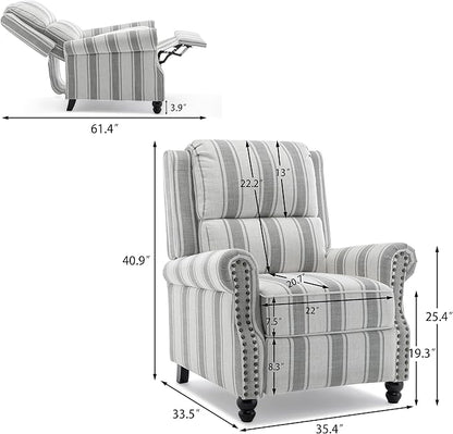 Pushback Recliner Chairs Set of 2, Comfy Fabric Wingback Recliner Chair, Upholstered Armchair Push Back Recliner with Wood Legs, Rivet Trim Accent Chair for Living Room, Bedroom, Gray Stripe