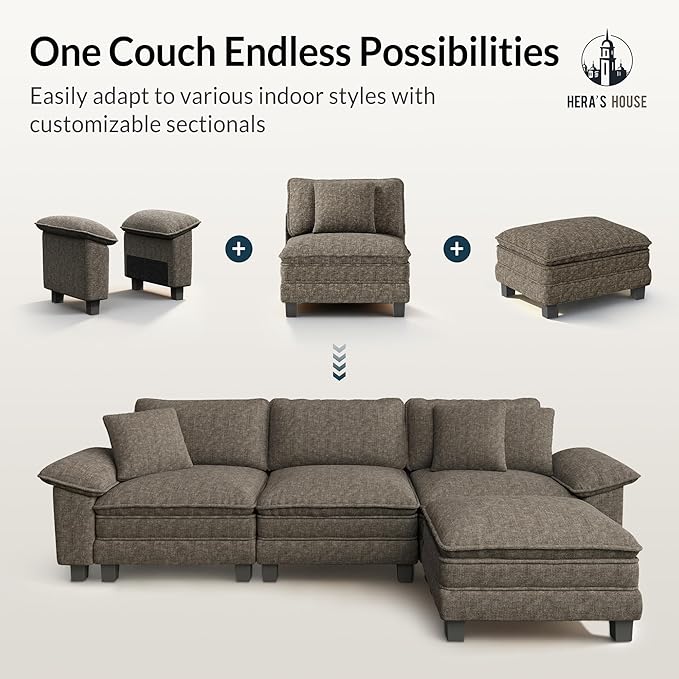 HERA'S HOUSE 88" Modular Sectional Sofa, L Shaped Couches for Living Room, Comfy Cloud Couch with Ottoman, 3-Seater Deep Seat Sofa with Throw Pillow, Chenille Ash