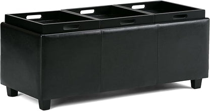 SIMPLIHOME Avalon 42 inch Wide Contemporary Rectangle Storage Ottoman in Midnight Black Vegan Faux Leather, Assembled, For the Living Room, Entryway and Family Room