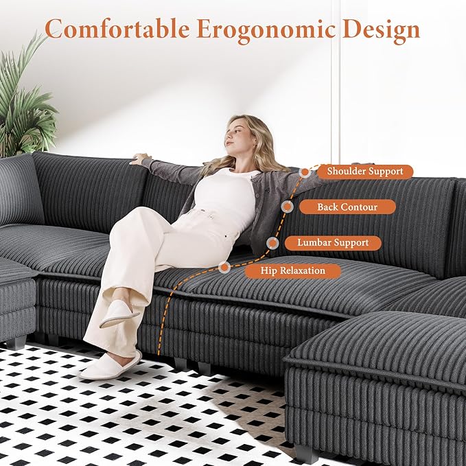 Vesgantti 143" L Shaped Modular Sectional Couch, Comfy Corduroy Upholstered Cloud Couches for Living Room, Modern 3 Seater Sofa with Movable Ottoman & Throw Pillows, Charcoal Grey