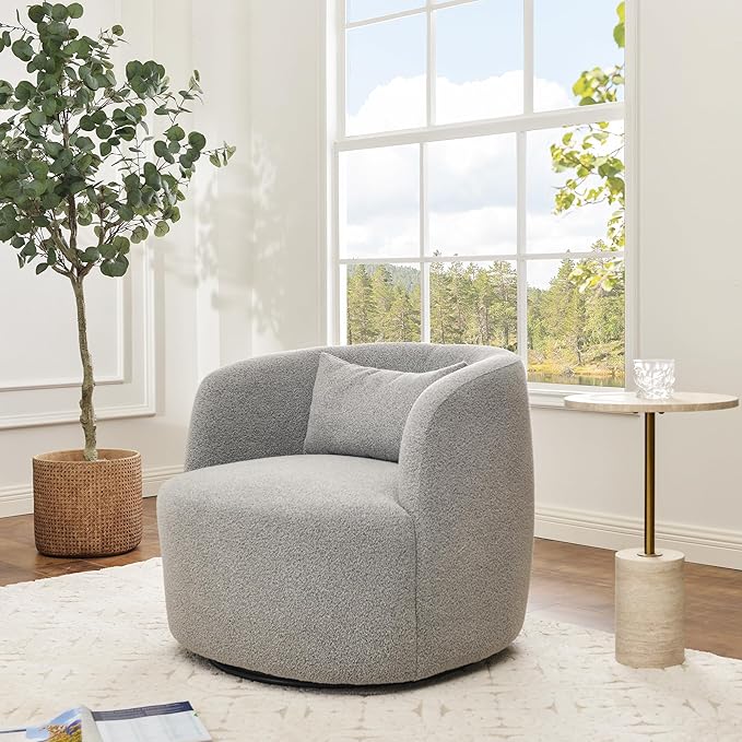 KINWELL 34" Wide Sherpa Swivel Barrel Chair, No Assembly Round Boucle Upholstered Accent Chair Armchair Single Sofa Chair with Toss Pillow for Living Room and Bedroom, Gray