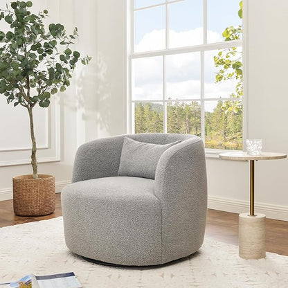 KINWELL 34" Wide Sherpa Swivel Barrel Chair, No Assembly Round Boucle Upholstered Accent Chair Armchair Single Sofa Chair with Toss Pillow for Living Room and Bedroom, Gray