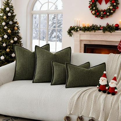 a moment Christmas Linen Pillow Covers Set of 2,Boho Farmhouse Throw Pillowcases Neutral Textured Decorative Covers for Couch Sofa,Soft Linen Blend Accent Case Cushion Home Decor 22"x22"Dark Green