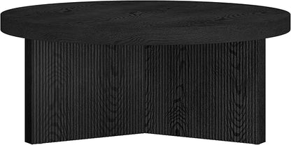 Henn&Hart 36" Fluted Round Low-Profile Coffee Table with Ribbed Pedestal Base for Living Room, Family Room, or Office, Black Grain