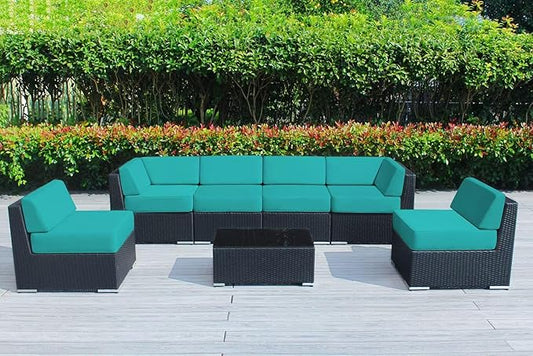 Outdoor Patio Wicker Furniture 7-PC Sectional with 6 inch Rainshield All Weather Water Protection Cushions (Black Wicker, Turquoise Cushions)