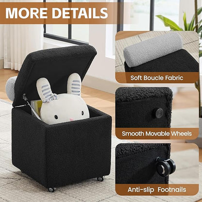 Boucle Vanity Chair with Storage, Swivel Makeup Vanity Chair with Wheels & Safety Hinge, Upholstered Vanity Stool Ottoman for Bedroom, Dressing Room, Black