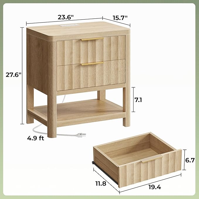 Huuger 27.6 Inch Tall Night Stands with Charger Station, USB-C Port, Fluted Nightstand Set of 2, Larger Wider Bed Side Table with 2 Deep Drawers, Open Shelf, Bedroom Living Room End Table, Natural