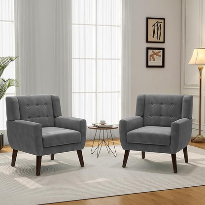 Accent Chair, Mid-Century Modern Velvet Fabric Chairs with Arms for Living Room, Comfy Upholstered Club Single Sofa Armchair for Bedroom Waiting Room with Solid Wood Frame (Velvet Grey, Set of 1)