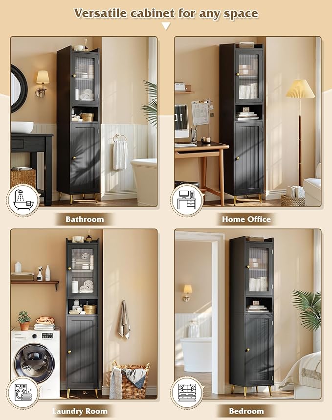 Bathroom Storage Cabinet, Slim Bathroom Storage Cabinet with 6 Shelves & 2 Doors, Linen Cabinet for Bathroom, Kitchen, Laundry Room, Black