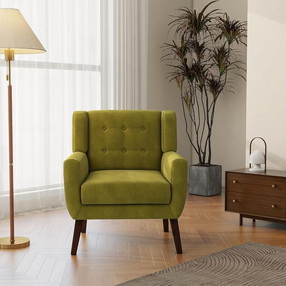 Accent Chair, Mid-Century Modern Velvet Fabric Chairs with Arms for Living Room, Comfy Upholstered Club Single Sofa Armchair for Bedroom Waiting Room with Solid Wood Frame (Velvet Green, Set of 1)