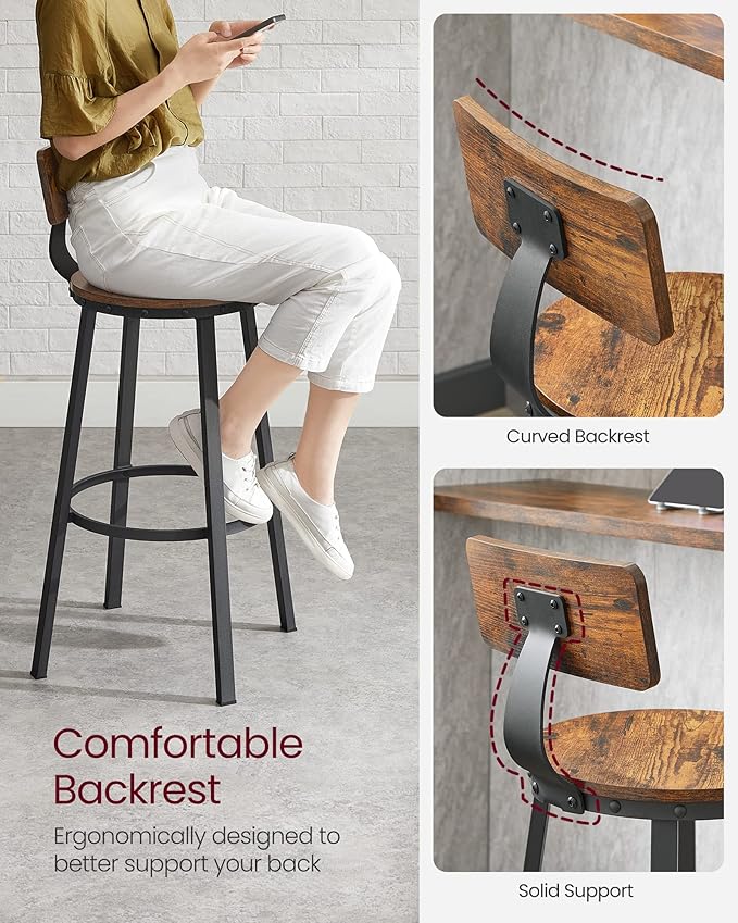 VASAGLE Bar Stools Set of 4, Bar Height Stools, 28.9 Inches Counter Barstools Chairs with Back for Dining Kitchen Island, Steel Frame, Industrial Style, Easy Assembly, Rustic Brown and Ink Black