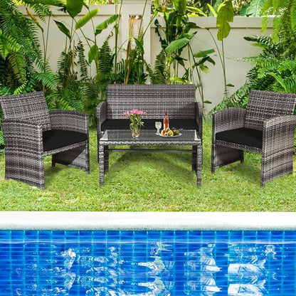 COSTWAY Patio Furniture Set 4 Pieces, Outdoor Wicker Chairs Sofa w/Coffee Table and Soft Cushions, Rattan Conversation Sets for Patio Lawn Backyard Yard Pool Garden, Black