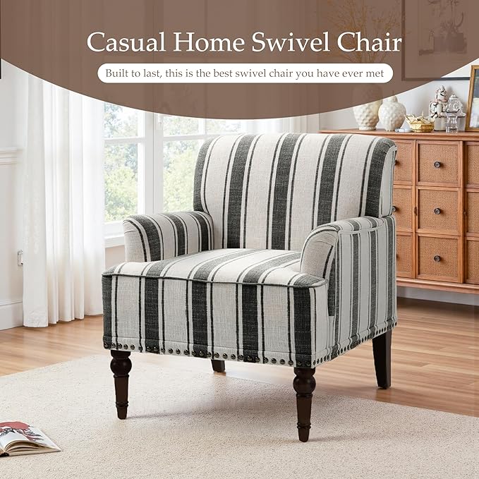 Pia Ricco Stripe Accent Chair-Modern Nailhead Trim & Wood Legs Armchair - Comfy Living Room, Bedroom, or Home Office Seating-Black