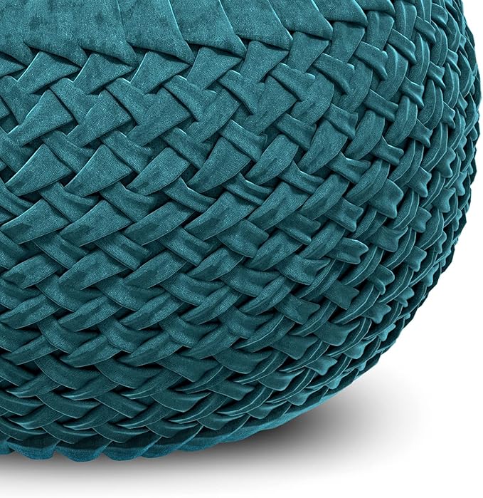 SIMPLIHOME Grafton Transitional Round Pouf in Teal Velvet Fabric for the Living Room, Bedroom and Kids Room