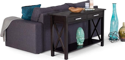 SIMPLIHOME Kitchener Console Table - 47 Inch Wide Solid Wood Sofa Table in Hickory Brown, Contemporary Storage Table for Entryway or Living Room with 2 Drawers, Bottom Shelf, and X-Design Side Panels