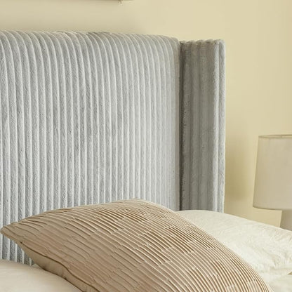 PINJU Queen Size Bed Frame, Upholstered Platform Bed with Modern Vertical Striped Wingback Headboard with Wooden Slats, Easy to Assemble No Noise Free (Grey, Queen (U.S. Standard))