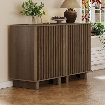 LukeAlon Fluted Sideboard Cabinet, Mid-Century Modern Accent Buffet Cabinet with Storage, 47" Wooden Credenza Cabinets 31.5" Height for Living Room Dining Room Entryway Hallway, Walnut Color