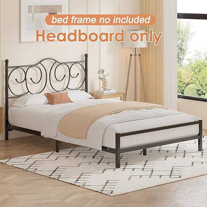 VECELO Metal Full Size Headboard, Heavy Duty Curved Headboard Only Height Adjustable, Easy to Assembly, Farmhouse Victorian Style for Bedroom - Black, Full