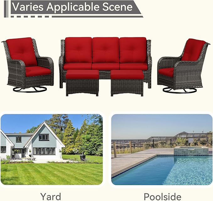 5 Pieces Outdoor Patio Furniture Set - Conversation Set Includes Wicker Swivel Rocker Chairs Set of 2, 2 Ottoman, 3 Seat Sofa, Suitable for Porch, Yard, Mixed Brown Rattan, Red