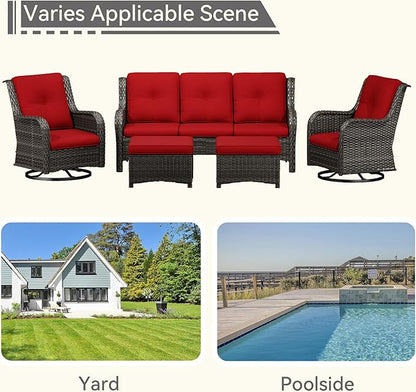 5 Pieces Outdoor Patio Furniture Set - Conversation Set Includes Wicker Swivel Rocker Chairs Set of 2, 2 Ottoman, 3 Seat Sofa, Suitable for Porch, Yard, Mixed Brown Rattan, Red