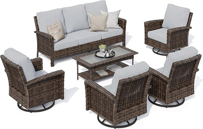 HERA'S HOUSE Gray Patio Furniture Set with Swivel Chairs, Outdoor Wicker Furniture with 35" High Back, 5.5" Thick Cushions, Deep Seating Patio Conversation Sets for Lawn Deck Backyard