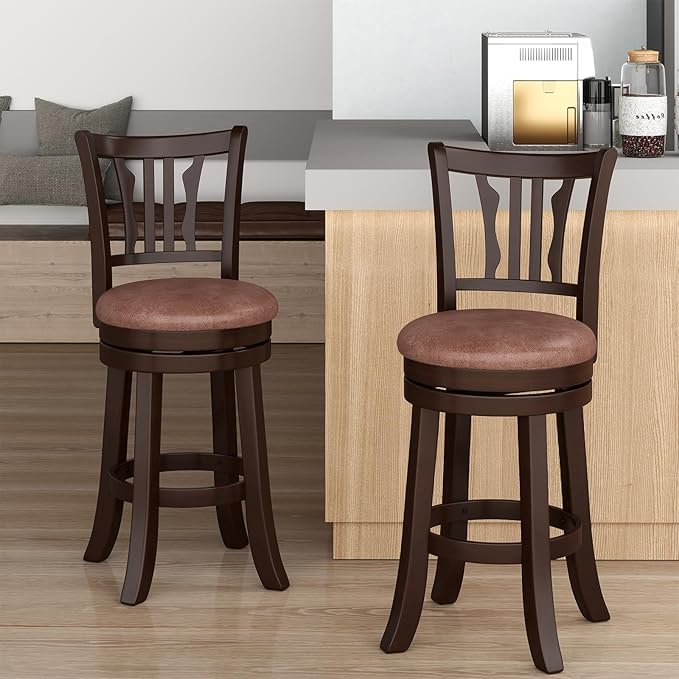 COSTWAY 26" Counter Height Stools Set of 2, Swivel High-Top Chairs with Backrest & Faux Leather Padded Seat, Rubber Wood Counter Barstools with Footrest for Kitchen, Dining Room, Pub (2,26'')