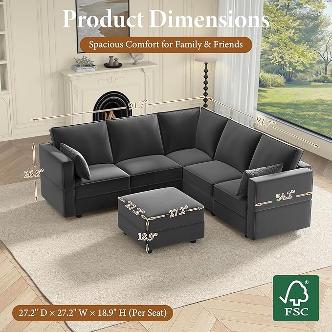 Vesgantti Sectional Couches with Storage Seats, 92" L Shaped Convertible Modular Sectional Sofa, 5 Seat & 1 Ottoman Velvet Storage Chaises Deep Seat Couch for Living Room, Bedroom, Apartment, Gray