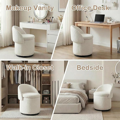 LukeAlon Sherpa Makeup Ottoman with Storage, Upholstered 360° Swivel Vanity Stool with Foldable Backrest Modern Cylindrical Footrest Stool for Living Room Bedroom, White