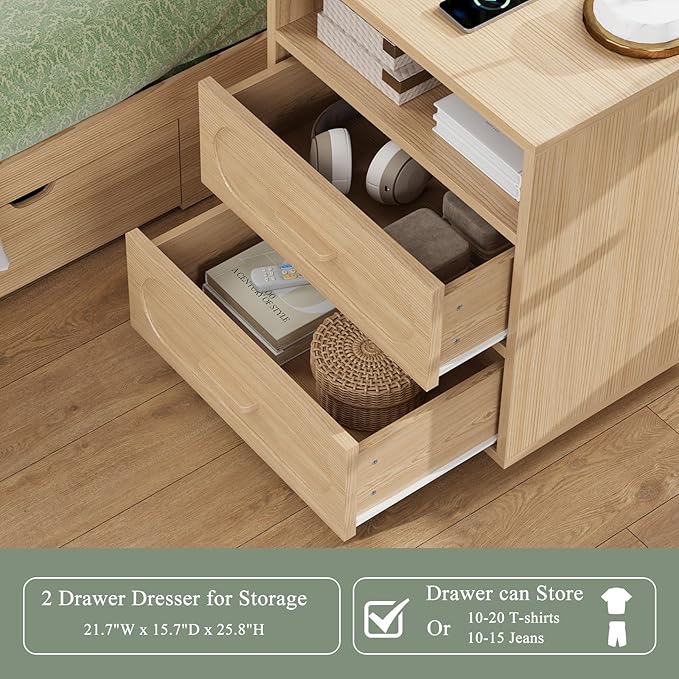 25.8" Tall Night Stand with Charging Station, 21.7" Wide Wood End Table with 2 Storage Drawers, Open Shelf & Unique Base, Mid Century Modern Bedside Table for Bedroom, Living Room, Natural Oak