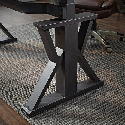 EUREKA ERGONOMIC Leather Standing Desk, 60 inch Executive Desk with Drawers,Modern Oak Grain X-Shaped Leg Sit Stand Desk, Charge Power Outlet Luxury Home Office Computer Desk