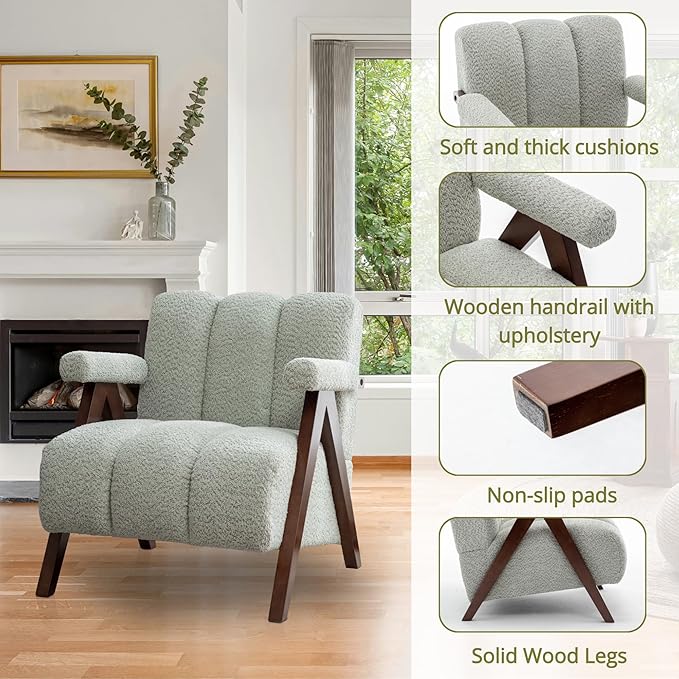 Mid Century Modern Accent Chairs Set of 2 with Solid Wood Frame, Boucle Upholstered Living Room Chairs with Thick Cushion, Comfy Tufted Arm Chair for Bedroom, Sage